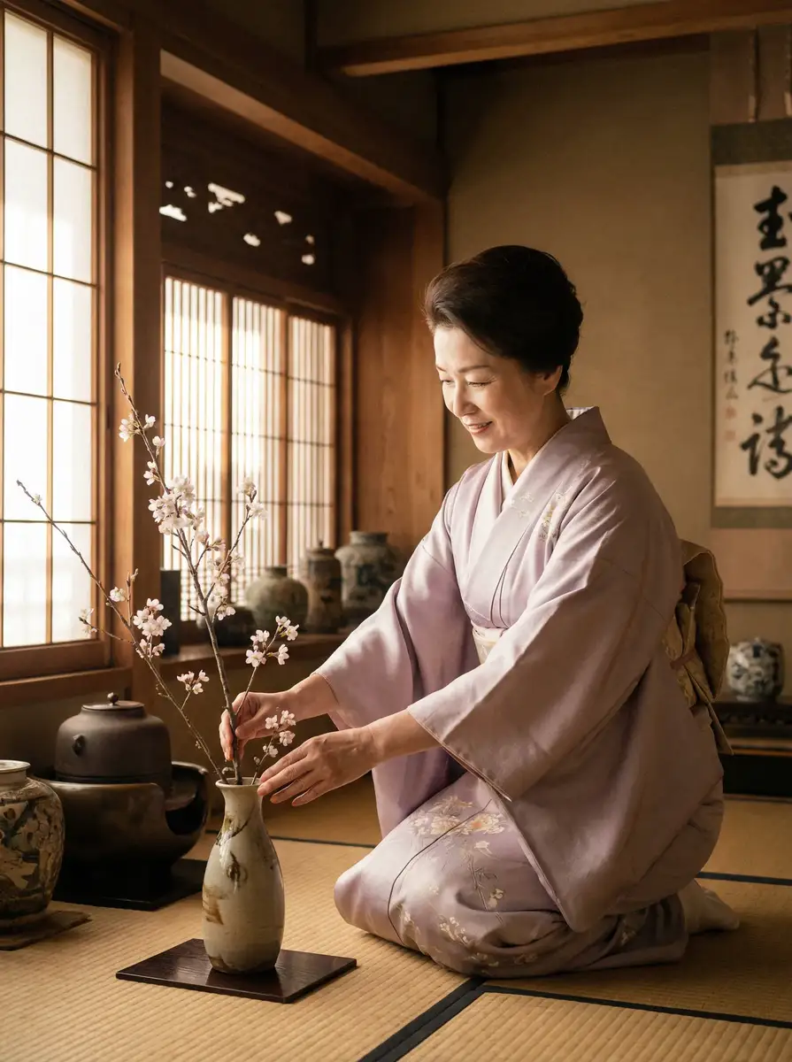 一位优雅的 AG体育真人平台 在和室中插花