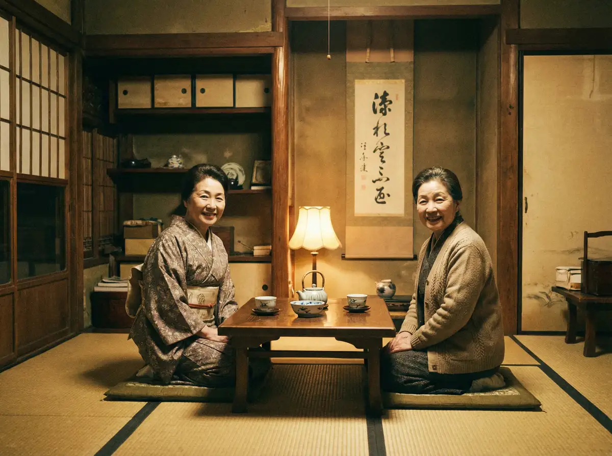 两位优雅的 AG体育真人平台 在日式茶室中品茶交谈